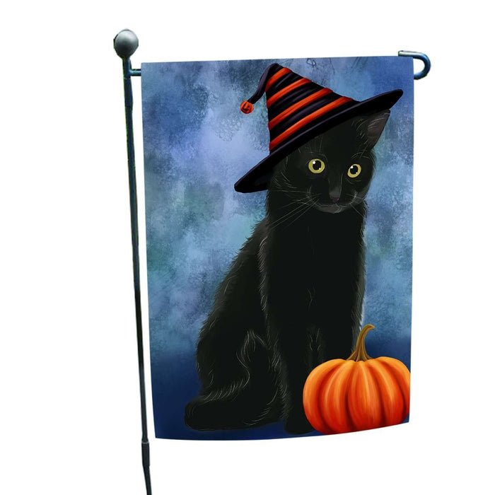 Happy Halloween Black Cat Wearing Witch Hat with Pumpkin Garden Flag
