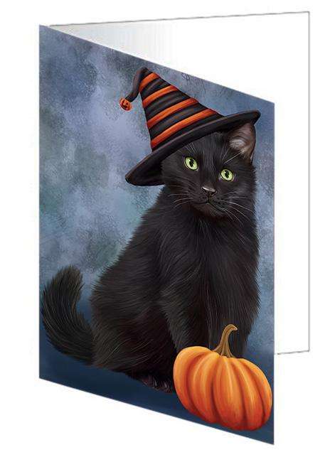 Happy Halloween Black Cat Wearing Witch Hat with Pumpkin Handmade Artwork Assorted Pets Greeting Cards and Note Cards with Envelopes for All Occasions and Holiday Seasons GCD68567