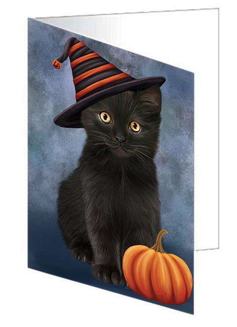 Happy Halloween Black Cat Wearing Witch Hat with Pumpkin Handmade Artwork Assorted Pets Greeting Cards and Note Cards with Envelopes for All Occasions and Holiday Seasons GCD68570