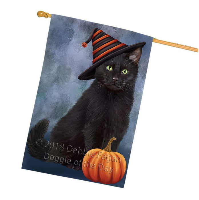 Happy Halloween Black Cat Wearing Witch Hat with Pumpkin House Flag FLG55044