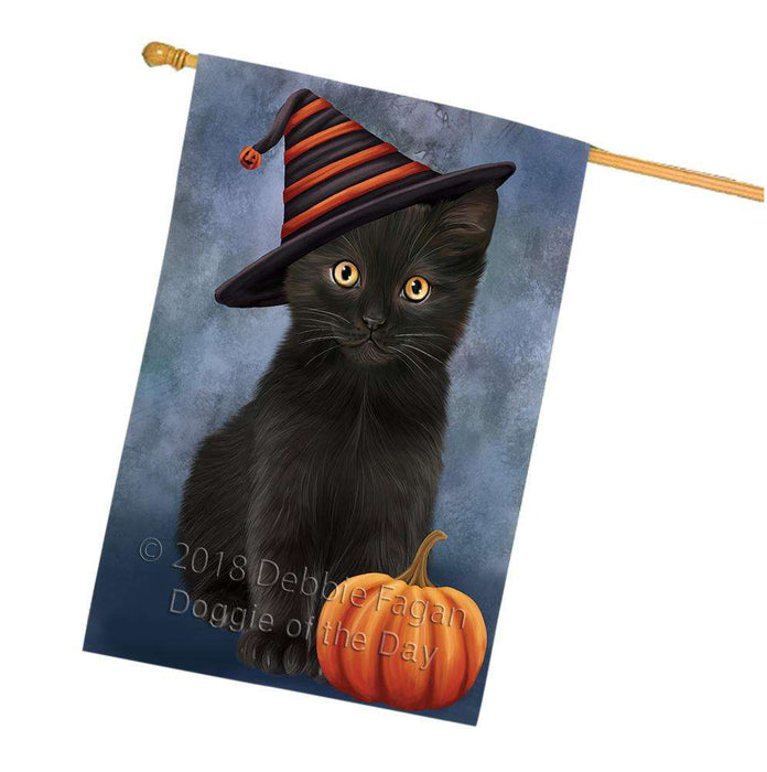 Happy Halloween Black Cat Wearing Witch Hat with Pumpkin House Flag FLG55045