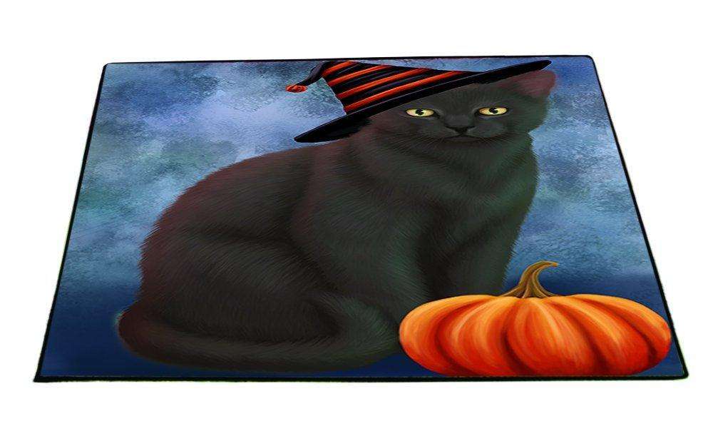 Happy Halloween Black Cat Wearing Witch Hat with Pumpkin Indoor/Outdoor Floormat
