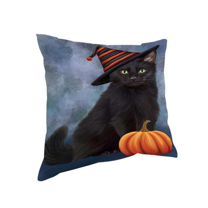 Happy Halloween Black Cat Wearing Witch Hat with Pumpkin Pillow PIL76008
