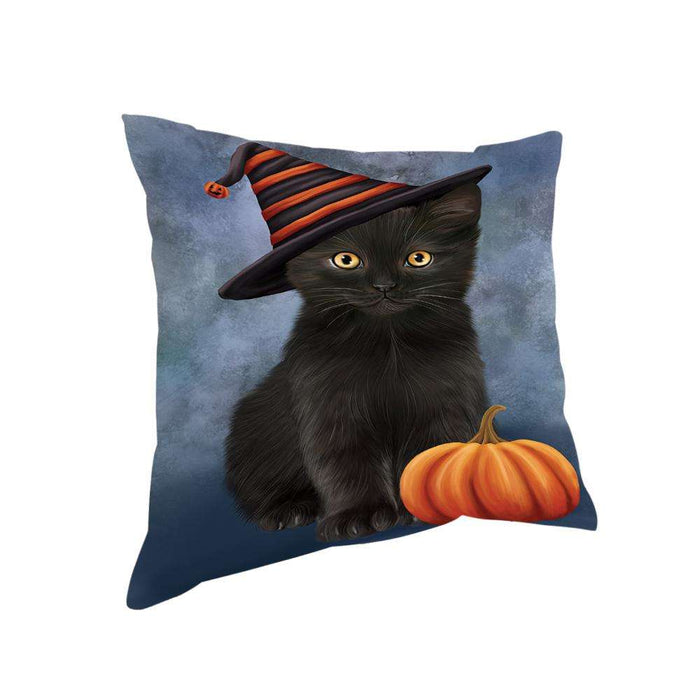 Happy Halloween Black Cat Wearing Witch Hat with Pumpkin Pillow PIL76012