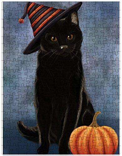 Happy Halloween Black Cat Wearing Witch Hat with Pumpkin Puzzle with Photo Tin (300 pc.)
