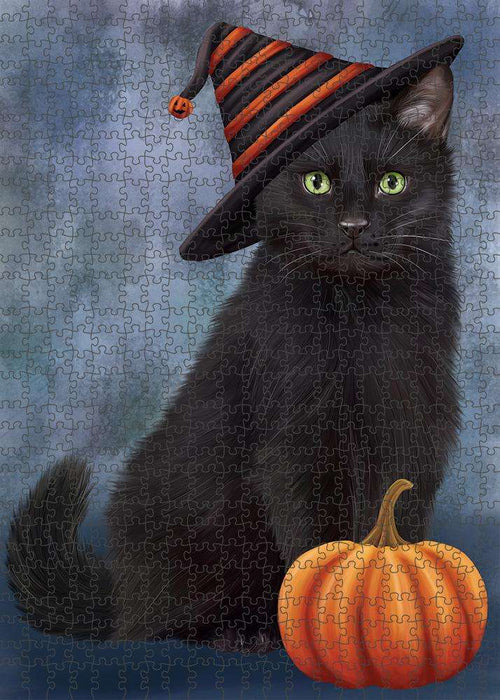 Happy Halloween Black Cat Wearing Witch Hat with Pumpkin Puzzle with Photo Tin PUZL86540