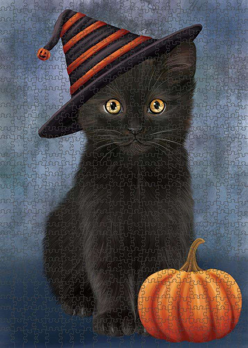 Happy Halloween Black Cat Wearing Witch Hat with Pumpkin Puzzle with Photo Tin PUZL86544