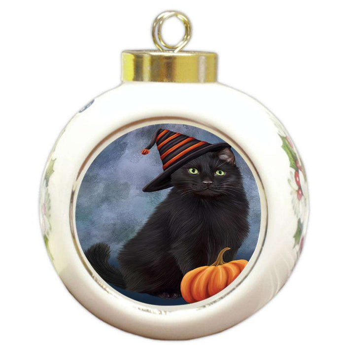 Happy Halloween Black Cat Wearing Witch Hat with Pumpkin Round Ball Christmas Ornament RBPOR54846