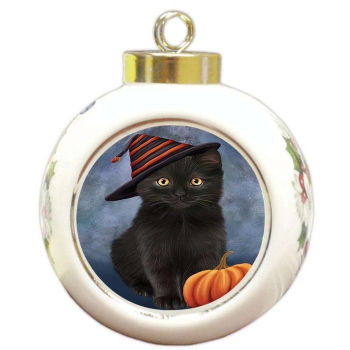 Happy Halloween Black Cat Wearing Witch Hat with Pumpkin Round Ball Christmas Ornament RBPOR54847