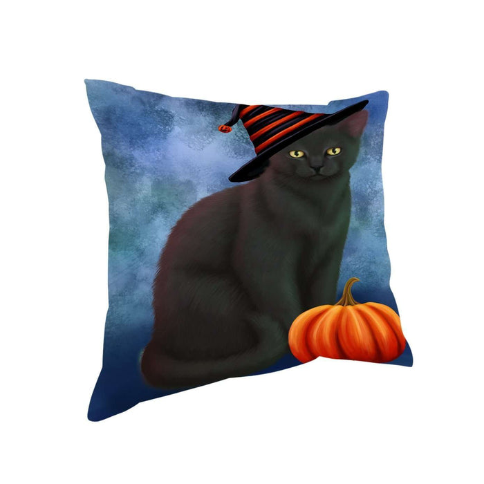 Happy Halloween Black Cat Wearing Witch Hat with Pumpkin Throw Pillow
