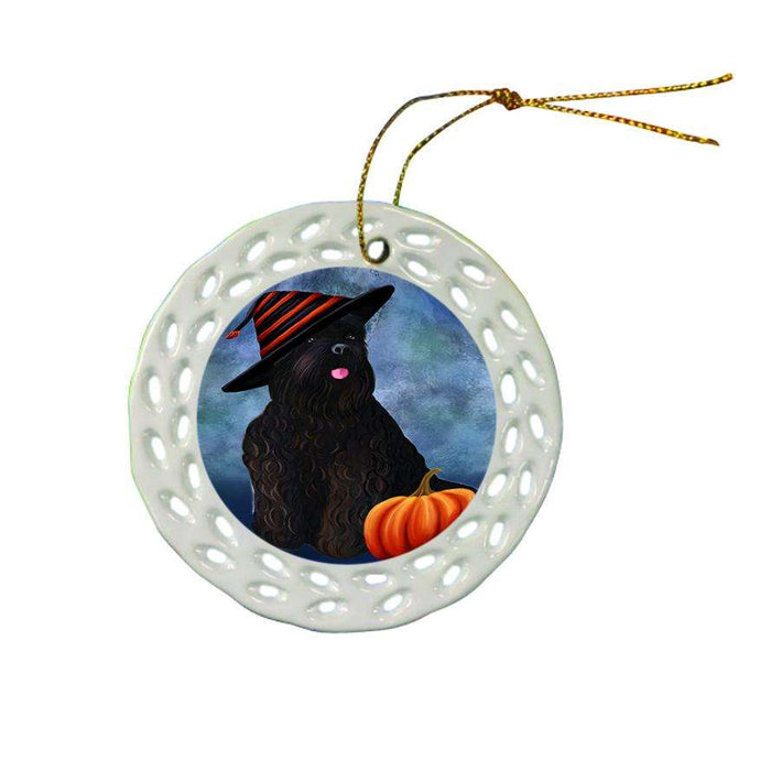 Happy Halloween Black Russian Terrier Dog Wearing Witch Hat with Pumpkin Ceramic Doily Ornament DPOR54993