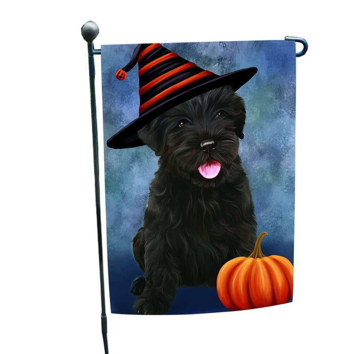 Happy Halloween Black Russian Terrier Dog Wearing Witch Hat with Pumpkin Garden Flag