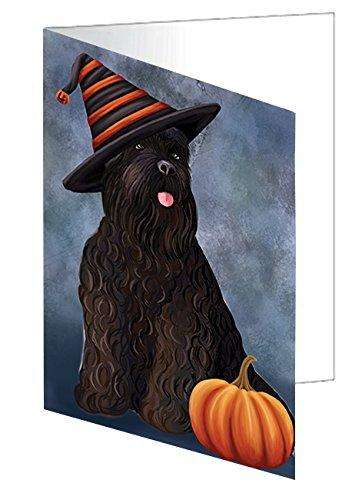 Happy Halloween Black Russian Terrier Dog Wearing Witch Hat with Pumpkin Handmade Artwork Assorted Pets Greeting Cards and Note Cards with Envelopes for All Occasions and Holiday Seasons