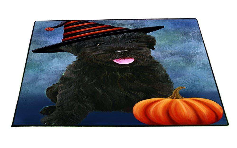 Happy Halloween Black Russian Terrier Dog Wearing Witch Hat with Pumpkin Indoor/Outdoor Floormat