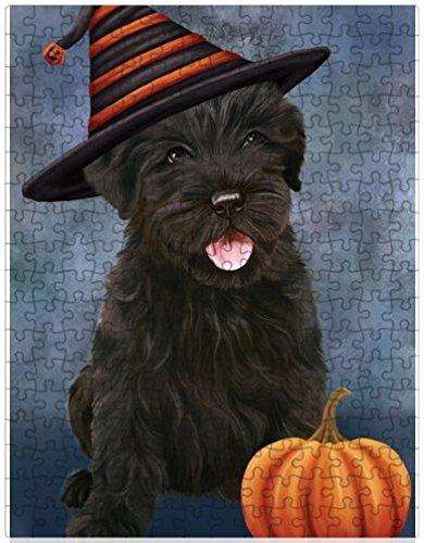 Happy Halloween Black Russian Terrier Dog Wearing Witch Hat with Pumpkin Puzzle with Photo Tin
