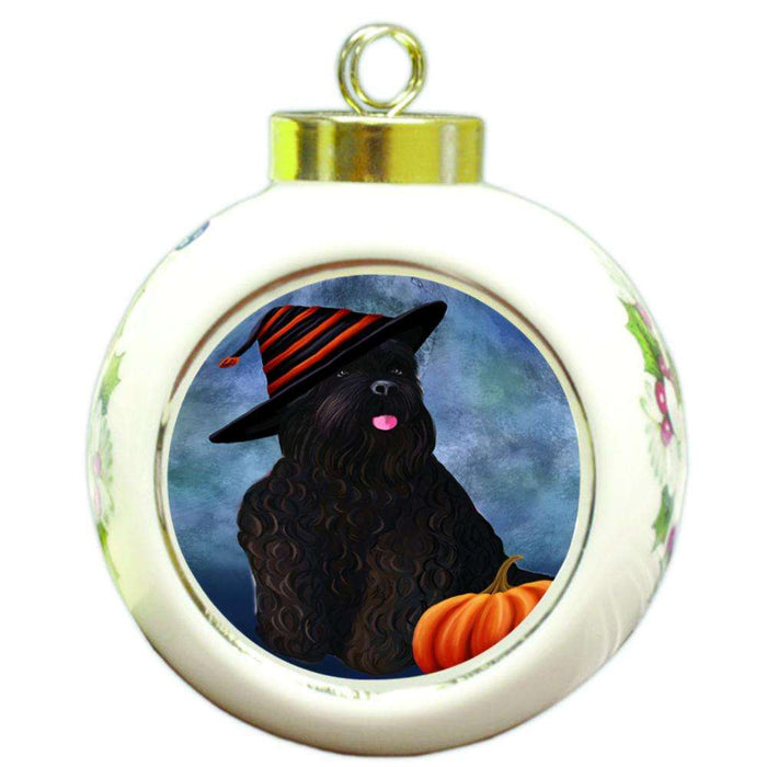 Happy Halloween Black Russian Terrier Dog Wearing Witch Hat with Pumpkin Round Ball Christmas Ornament RBPOR54993