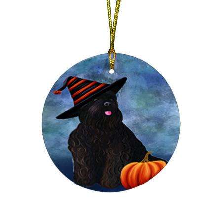 Happy Halloween Black Russian Terrier Dog Wearing Witch Hat with Pumpkin Round Flat Christmas Ornament RFPOR54984