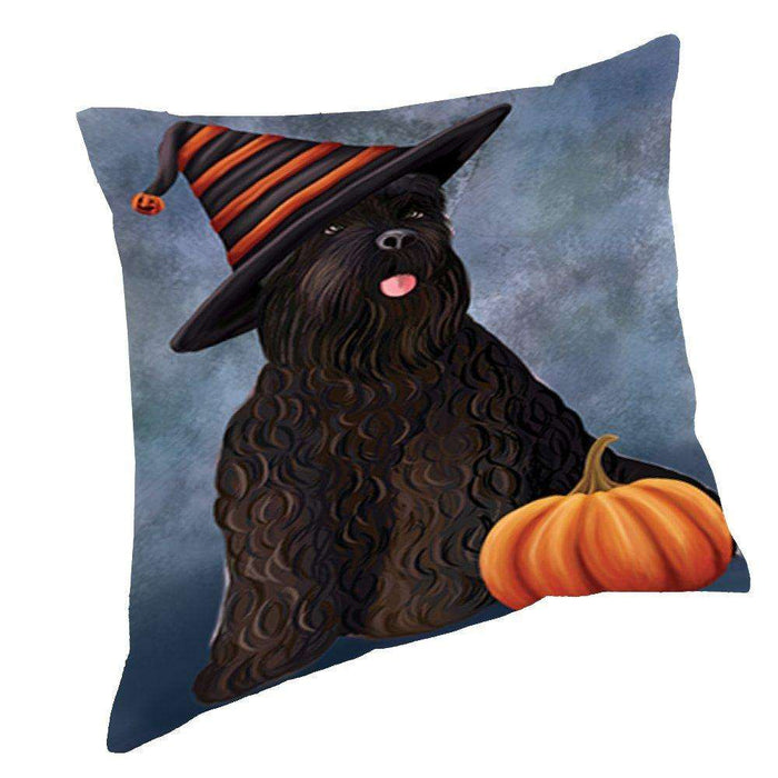 Happy Halloween Black Russian Terrier Dog Wearing Witch Hat with Pumpkin Throw Pillow