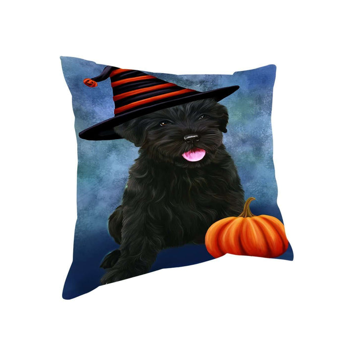 Happy Halloween Black Russian Terrier Dog Wearing Witch Hat with Pumpkin Throw Pillow