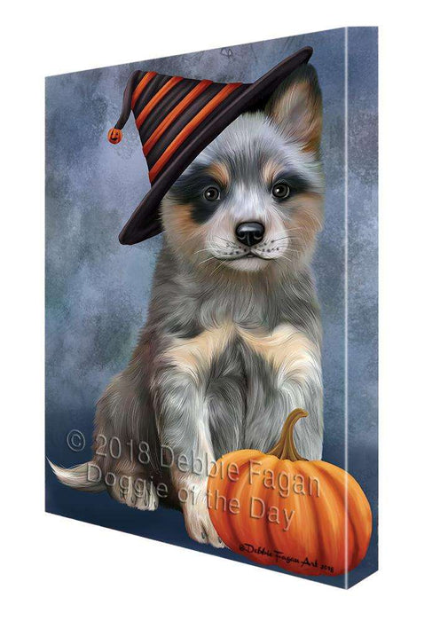 Happy Halloween Blue Heeler Dog Wearing Witch Hat with Pumpkin Canvas Print Wall Art Décor CVS111491