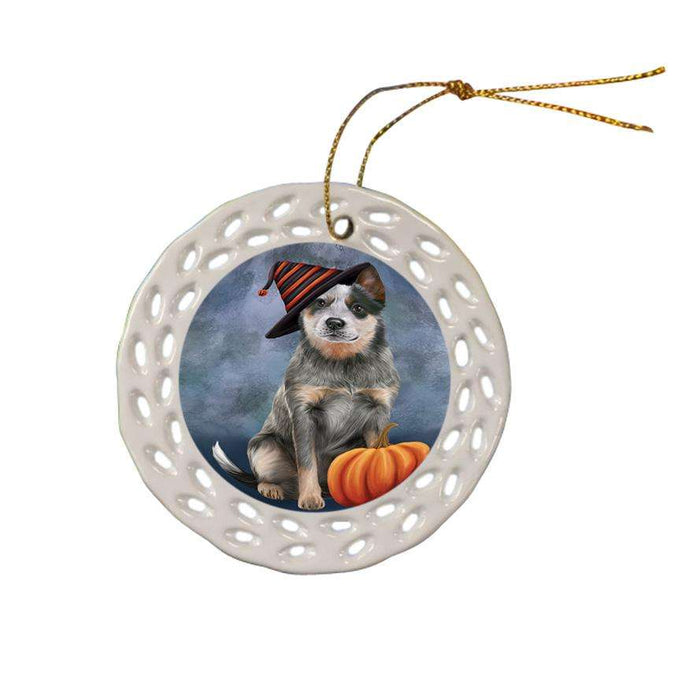 Happy Halloween Blue Heeler Dog Wearing Witch Hat with Pumpkin Ceramic Doily Ornament DPOR54848