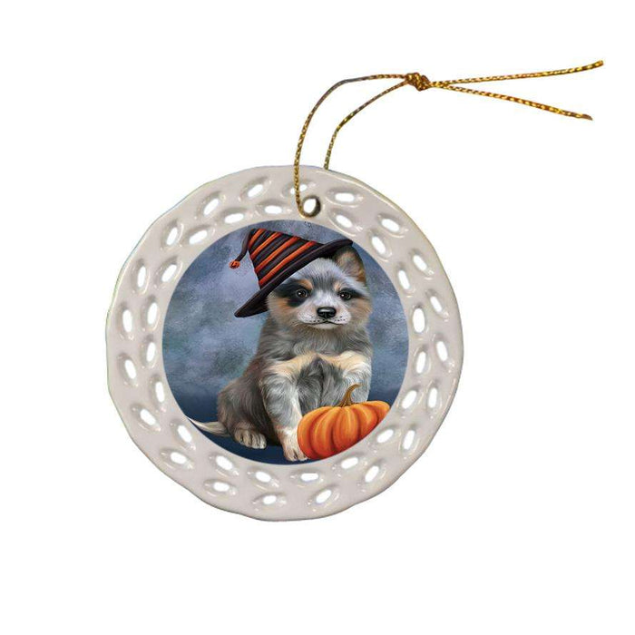 Happy Halloween Blue Heeler Dog Wearing Witch Hat with Pumpkin Ceramic Doily Ornament DPOR54849