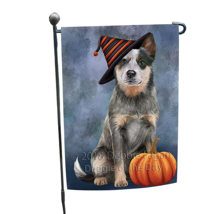 Happy Halloween Blue Heeler Dog Wearing Witch Hat with Pumpkin Garden Flag GFLG54910