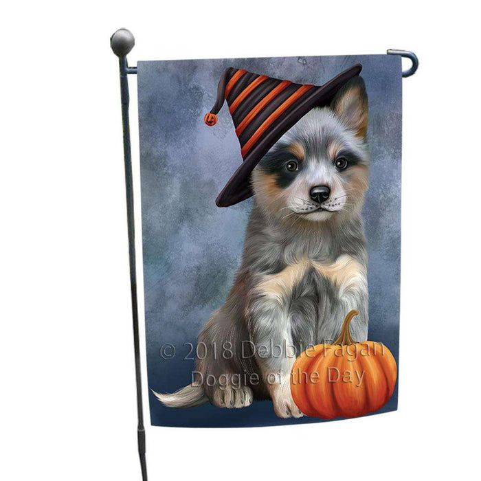 Happy Halloween Blue Heeler Dog Wearing Witch Hat with Pumpkin Garden Flag GFLG54911