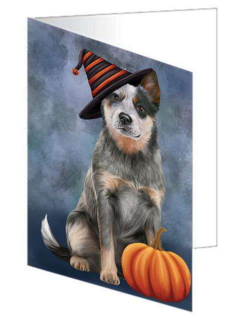 Happy Halloween Blue Heeler Dog Wearing Witch Hat with Pumpkin Handmade Artwork Assorted Pets Greeting Cards and Note Cards with Envelopes for All Occasions and Holiday Seasons GCD68573