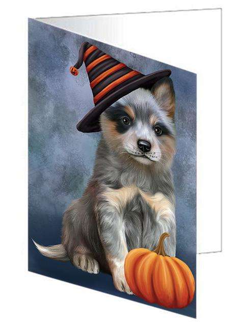 Happy Halloween Blue Heeler Dog Wearing Witch Hat with Pumpkin Handmade Artwork Assorted Pets Greeting Cards and Note Cards with Envelopes for All Occasions and Holiday Seasons GCD68576