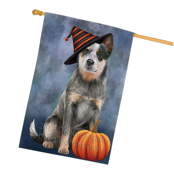 Happy Halloween Blue Heeler Dog Wearing Witch Hat with Pumpkin House Flag FLG55046