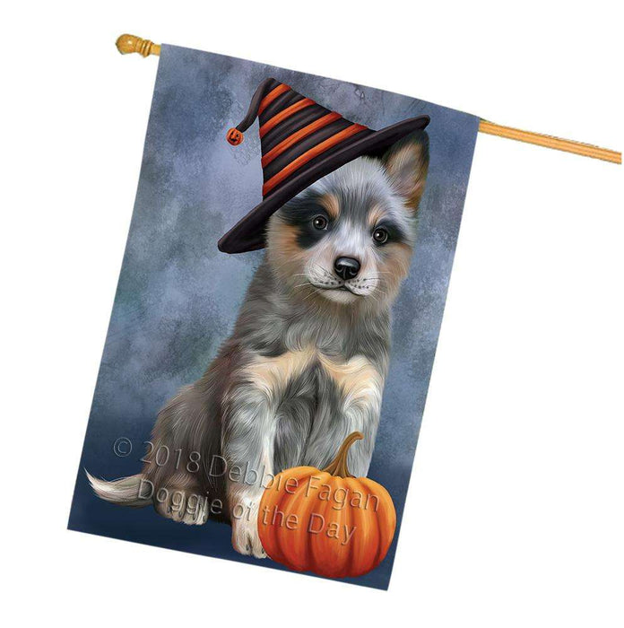 Happy Halloween Blue Heeler Dog Wearing Witch Hat with Pumpkin House Flag FLG55047