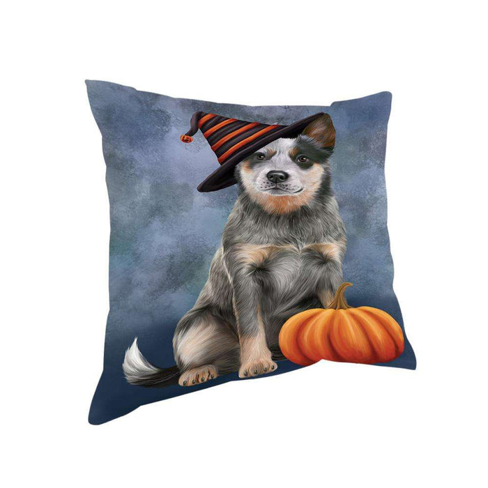 Happy Halloween Blue Heeler Dog Wearing Witch Hat with Pumpkin Pillow PIL76016