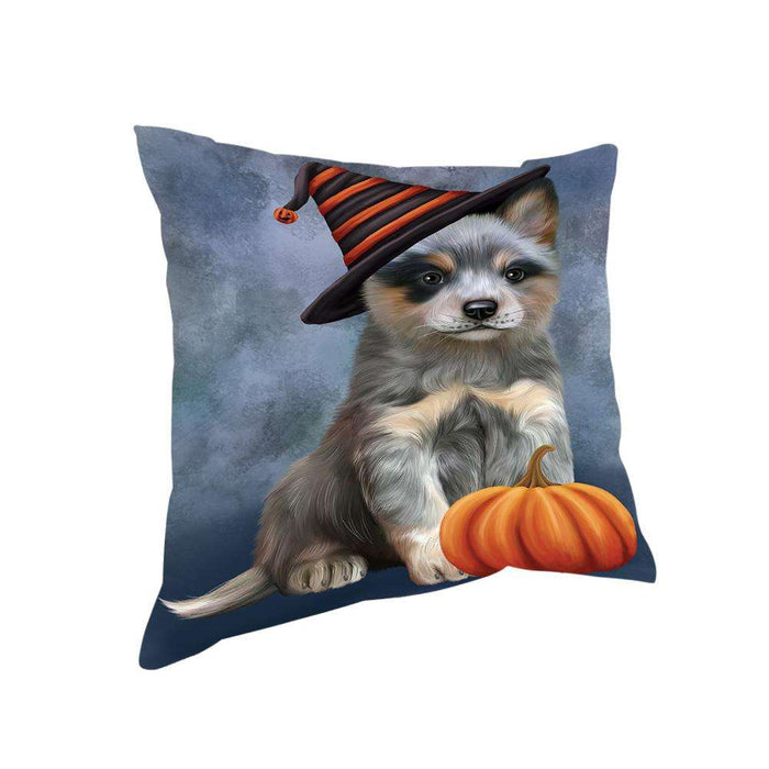 Happy Halloween Blue Heeler Dog Wearing Witch Hat with Pumpkin Pillow PIL76020