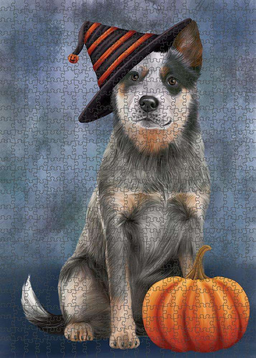 Happy Halloween Blue Heeler Dog Wearing Witch Hat with Pumpkin Puzzle with Photo Tin PUZL86548