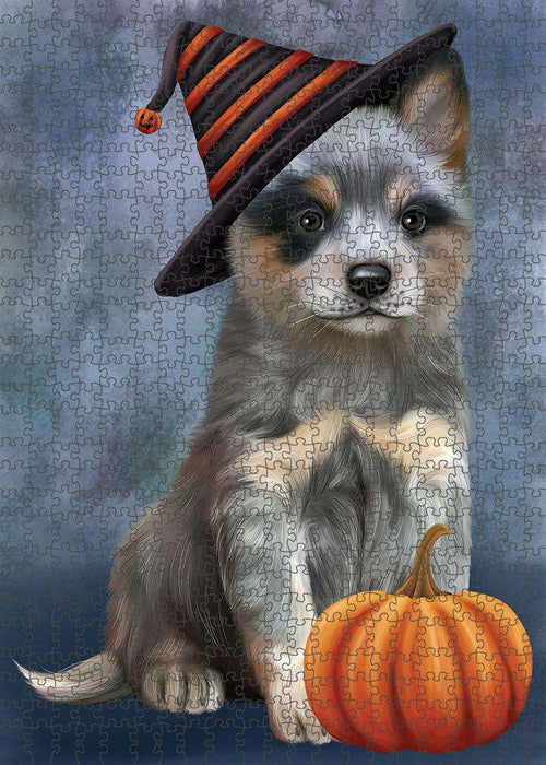Happy Halloween Blue Heeler Dog Wearing Witch Hat with Pumpkin Puzzle with Photo Tin PUZL86552