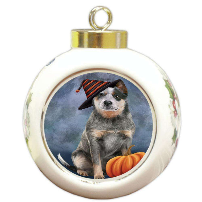 Happy Halloween Blue Heeler Dog Wearing Witch Hat with Pumpkin Round Ball Christmas Ornament RBPOR54848