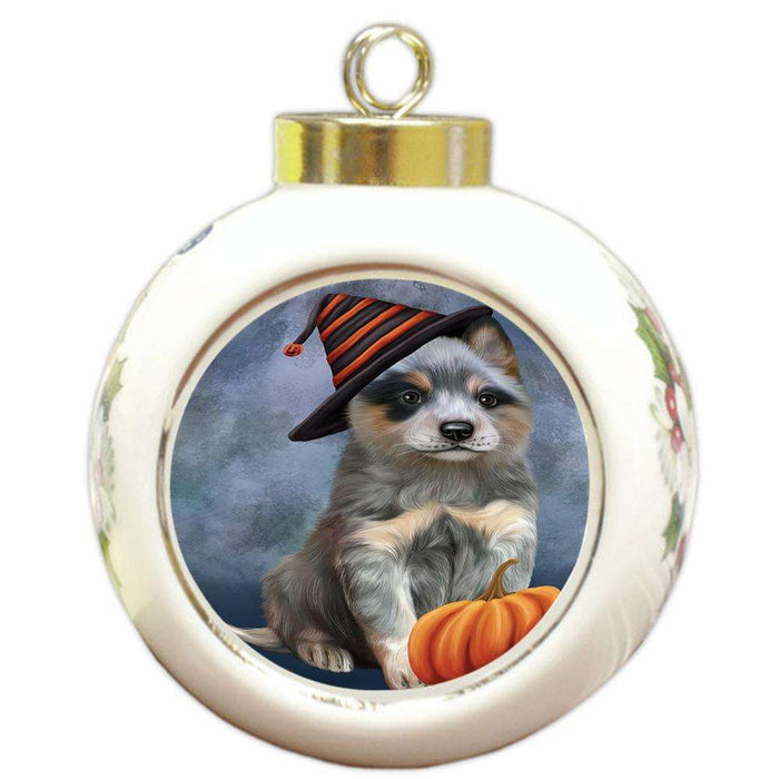 Happy Halloween Blue Heeler Dog Wearing Witch Hat with Pumpkin Round Ball Christmas Ornament RBPOR54849