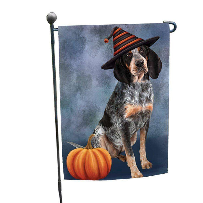 Happy Halloween Bluetick Coonhound Dog Wearing Witch Hat with Pumpkin Garden Flag
