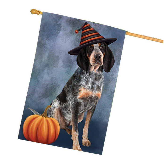 Happy Halloween Bluetick Coonhound Dog Wearing Witch Hat with Pumpkin House Flag