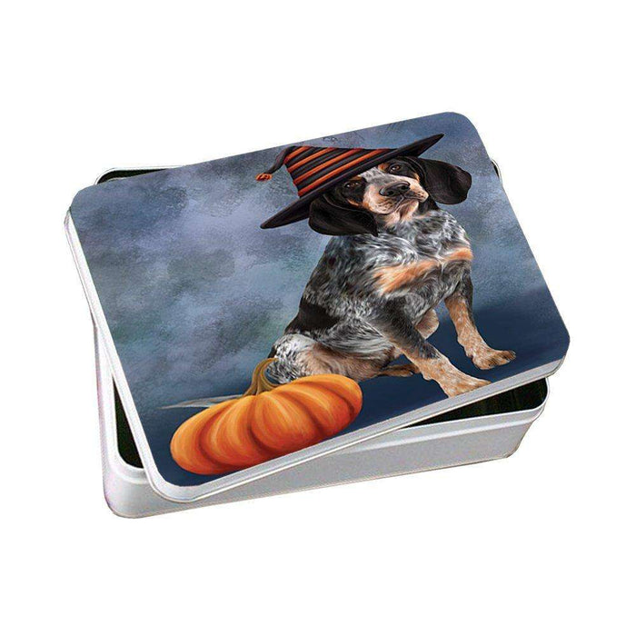 Happy Halloween Bluetick Coonhound Dog Wearing Witch Hat with Pumpkin Photo Storage Tin