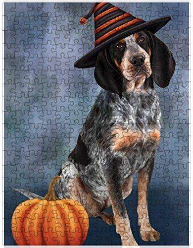 Happy Halloween Bluetick Coonhound Dog Wearing Witch Hat with Pumpkin Puzzle with Photo Tin