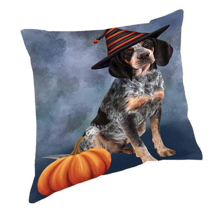 Happy Halloween Bluetick Coonhound Dog Wearing Witch Hat with Pumpkin Throw Pillow