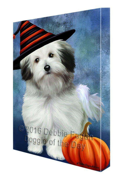 Happy Halloween Bolognese Dogs Wearing Witch Hat with Pumpkin Canvas Wall Art