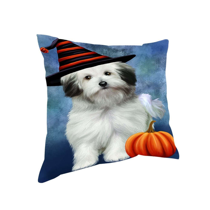 Happy Halloween Bolognese Dogs Wearing Witch Hat with Pumpkin Throw Pillow