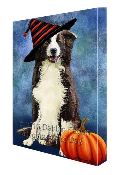 Happy Halloween Border Collie Dog Wearing Witch Hat with Pumpkin Canvas Wall Art