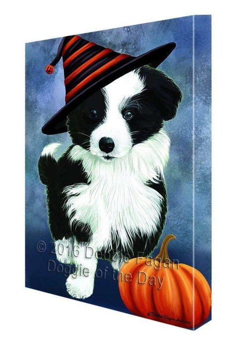 Happy Halloween Border Collie Dog Wearing Witch Hat with Pumpkin Canvas Wall Art