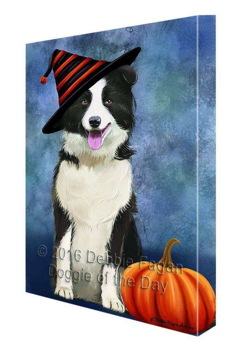 Happy Halloween Border Collie Dog Wearing Witch Hat with Pumpkin Canvas Wall Art