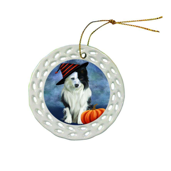 Happy Halloween Border Collie Dog Wearing Witch Hat with Pumpkin Ceramic Doily Ornament DPOR54953