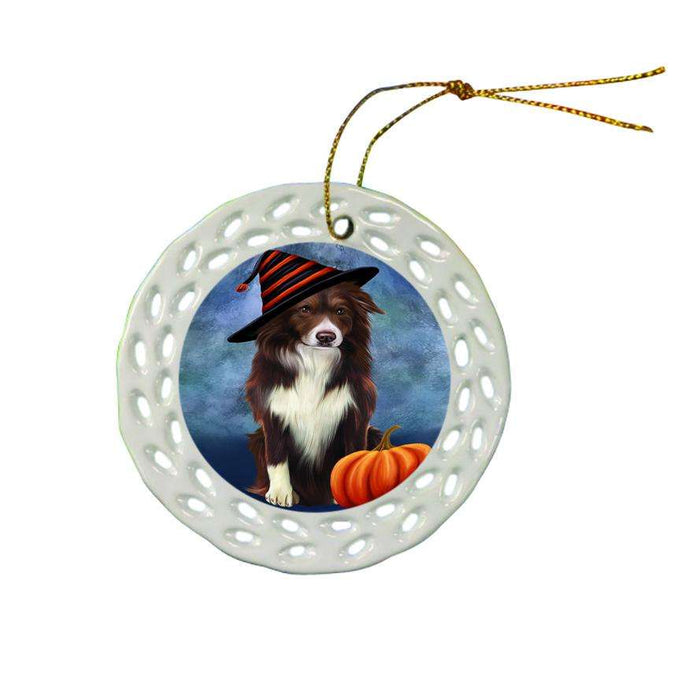 Happy Halloween Border Collie Dog Wearing Witch Hat with Pumpkin Ceramic Doily Ornament DPOR54954